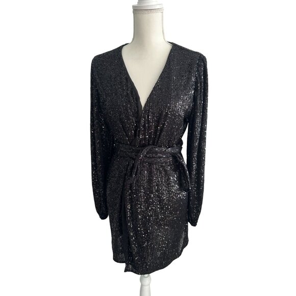 AUDREY 3 PLUS 1 Black Sequin Robe Wrap Dress Size Medium - Picture 3 of 10